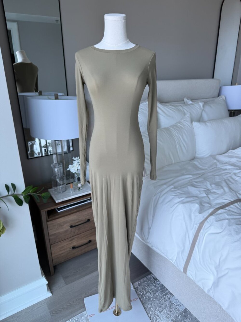 SKIMS Fits Everybody Crew Neck Long Sleeve Dress in Khaki
